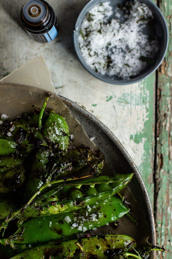 Soy and ginger griddled sugar snap peas with mint salt
